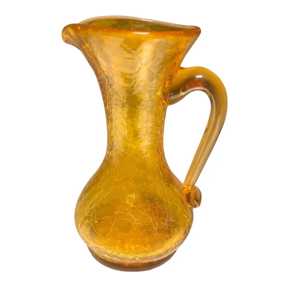Vintage Amber Crackle Glass Pitcher Small Hand Blown‎ Decorative Vase Gold 5.5
